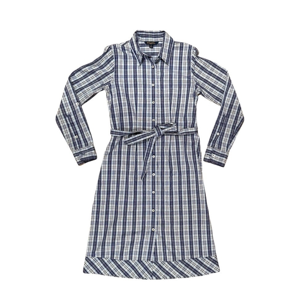 Brooks Brothers Blue White Plaid Shirt Dress Petite 4 Classic Midi